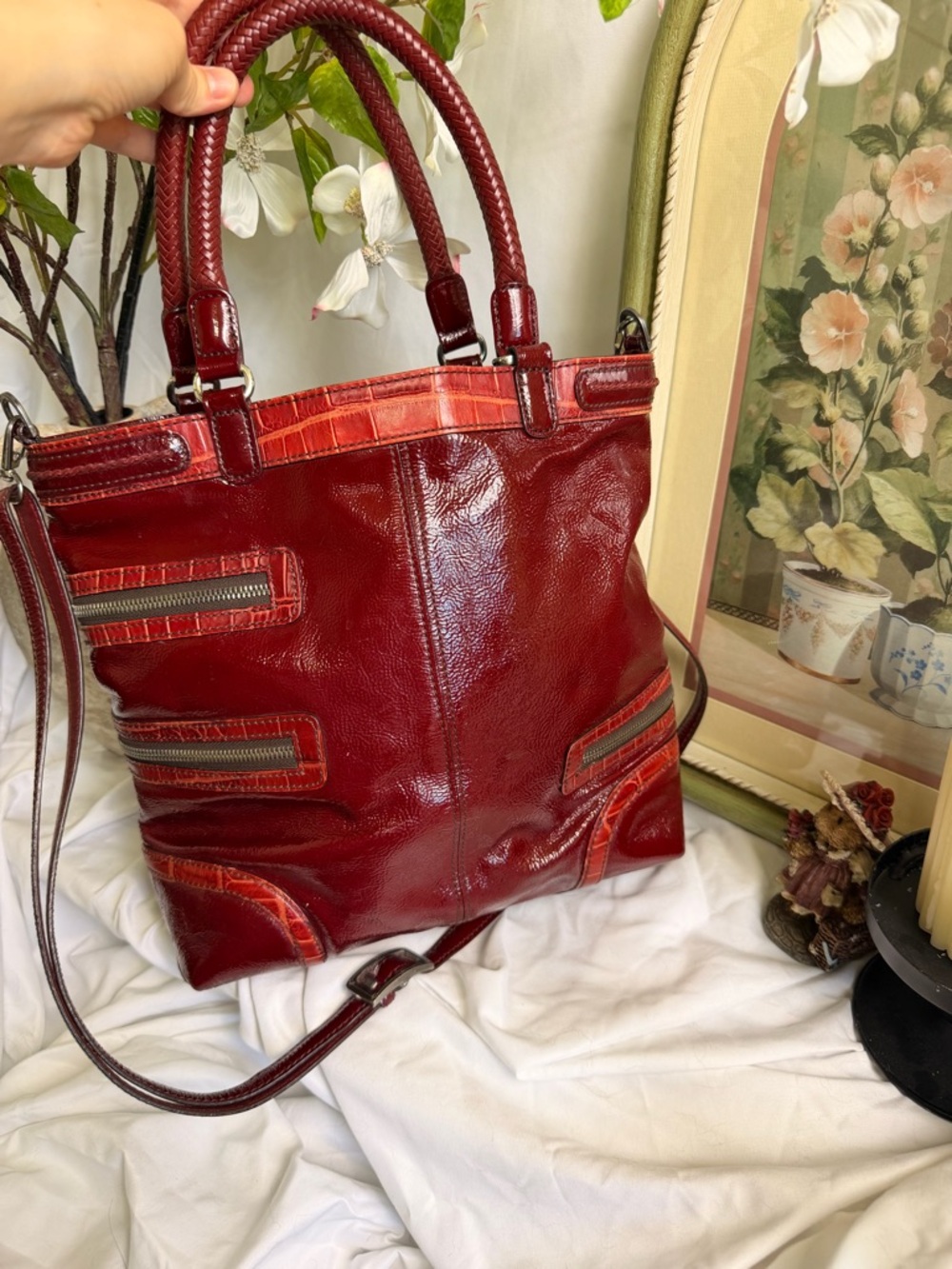 Vintage Brighton Red Leather Patent Crossbody Tote with Multiple Zip Pockets - Picture 4 of 8